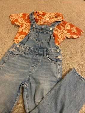 Kids Denim Overalls with Coral Floral Shirt Set
